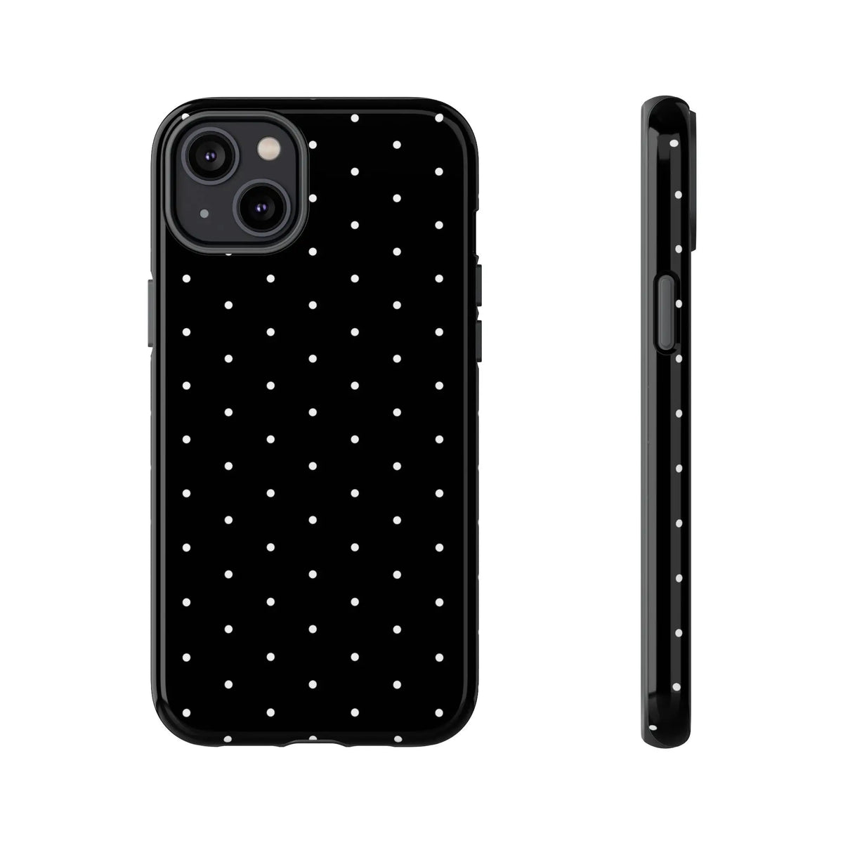 Elegant black tough phone case with white polka dots minimalist design shown from the back side