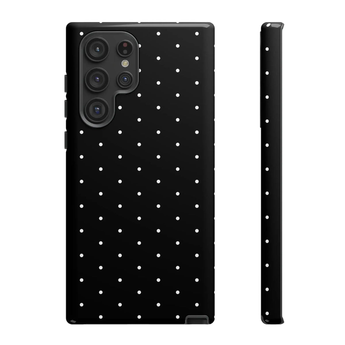 Back of an elegant black tough phone case with white polka dots featuring a minimalist stylish protective cover