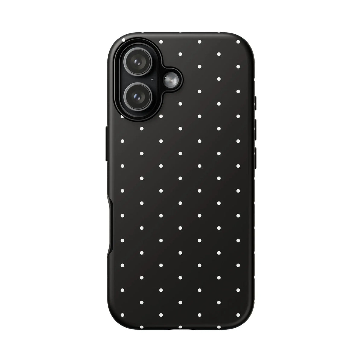 Back view of an elegant black tough phone case with white polka dots minimalist stylish protective cover