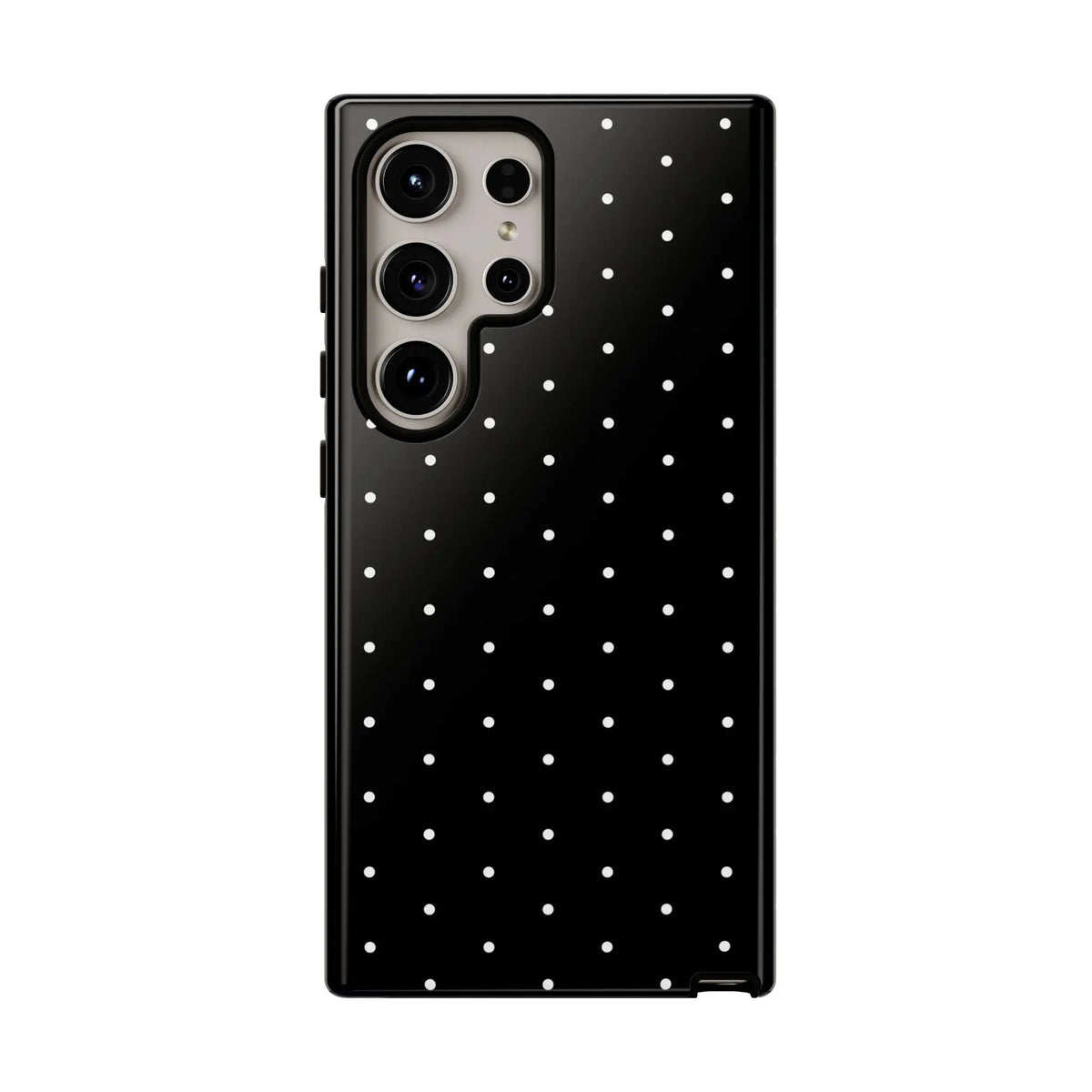 Back side of an elegant black tough phone case with white polka dots stylish protective minimalist cover