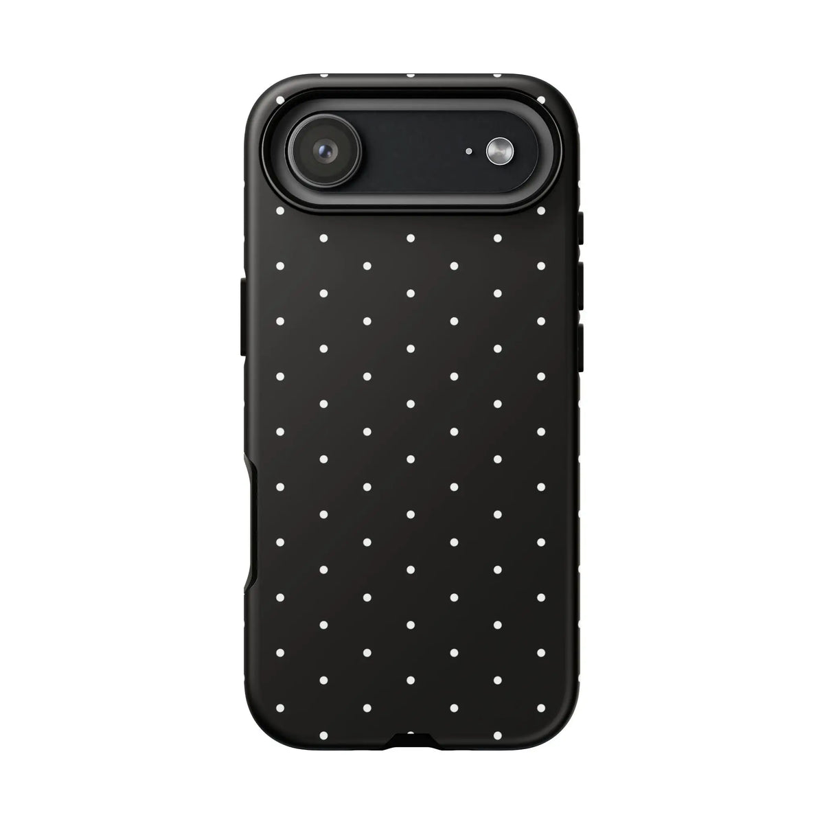 Back view of an elegant black tough phone case with white polka dots stylish protective cover for gifts