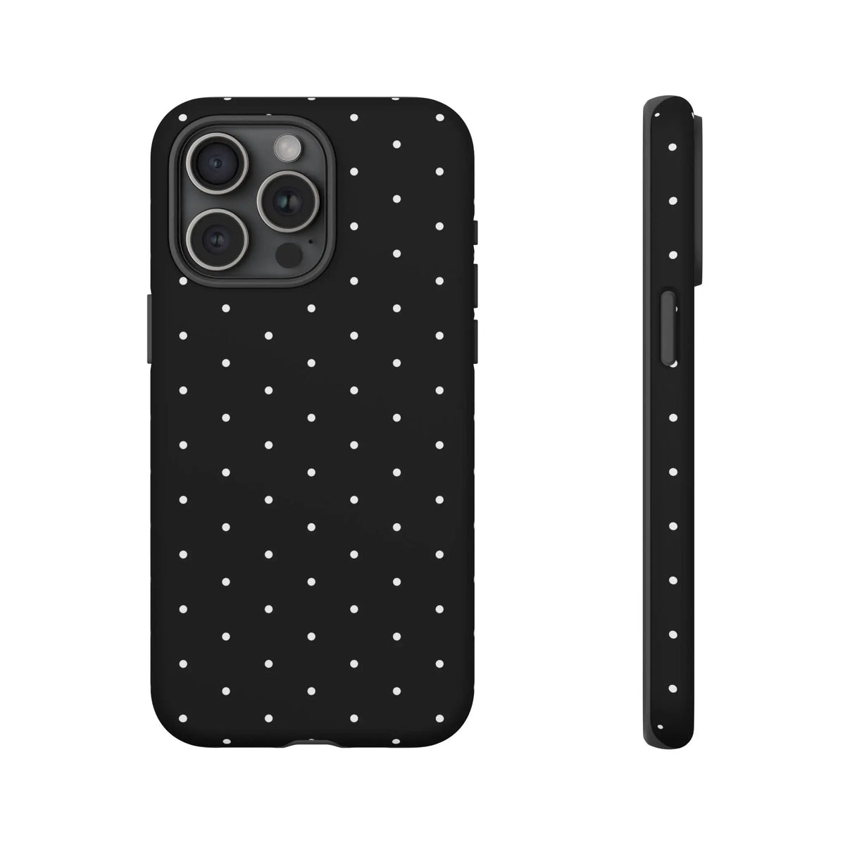 Back view of an elegant black tough phone case with white polka dots stylish protective minimalist design