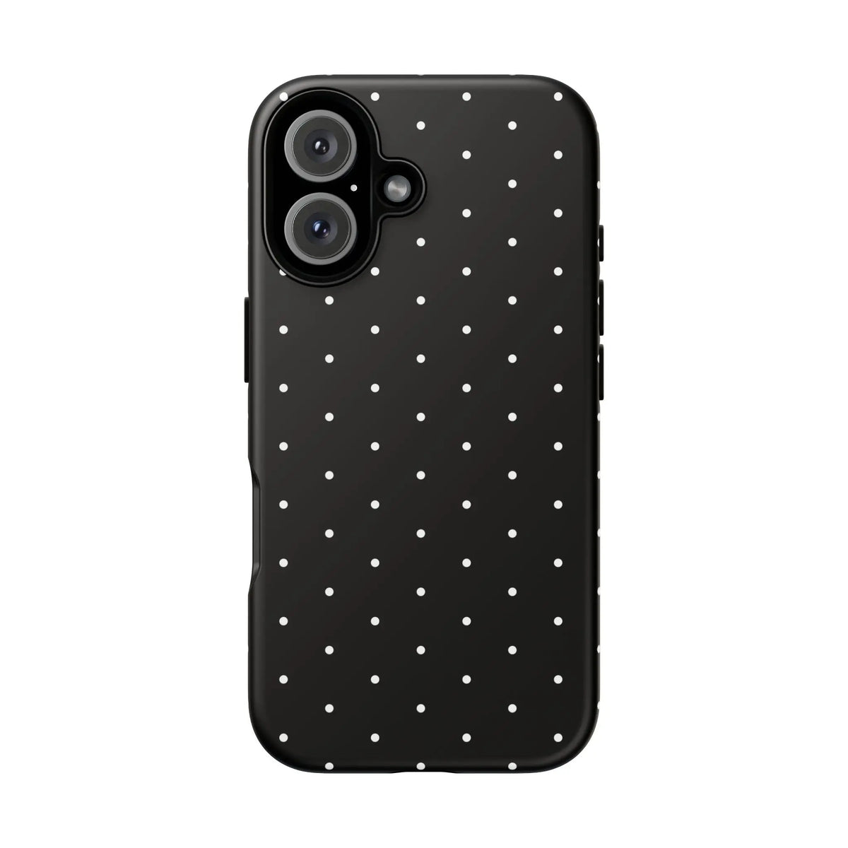 Elegant black tough phone case with white polka dots showing the back side of the stylish protective cover