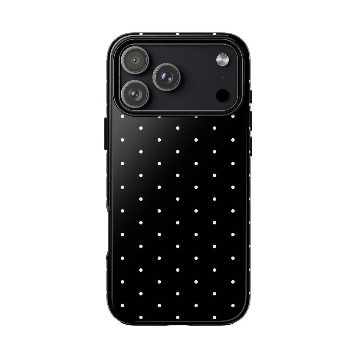 Black tough phone case with white polka dots showing back side of elegant black minimalist protective cover
