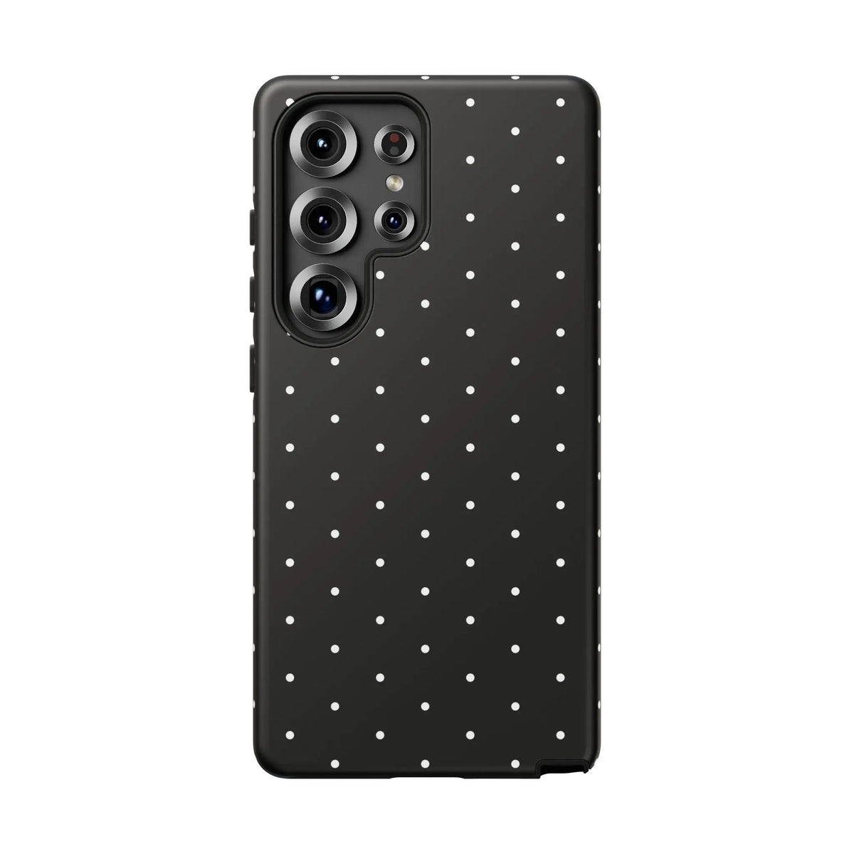 Back side of an elegant black tough phone case with white polka dots and sleek matte finish for stylish protection