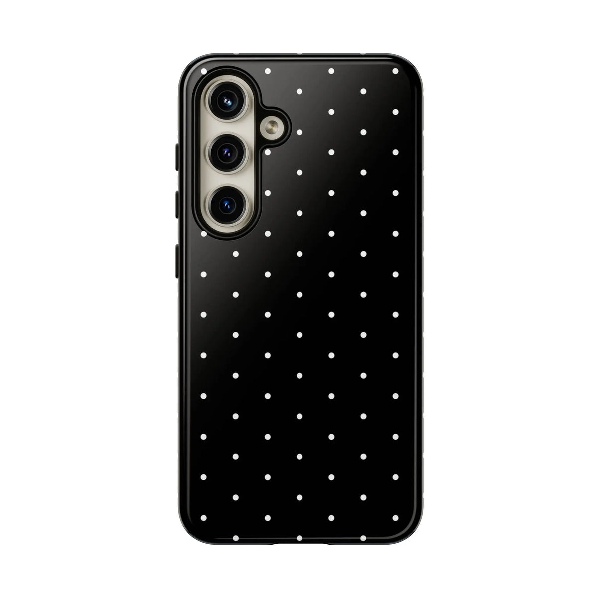 Back view of an elegant black tough phone case with white polka dots stylish protective minimalist design