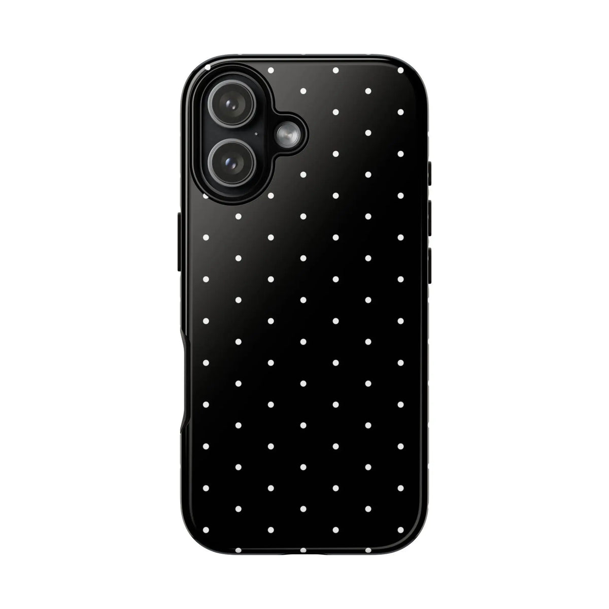 Back view of an elegant black tough phone case with white polka dots minimalist protective cover gift idea
