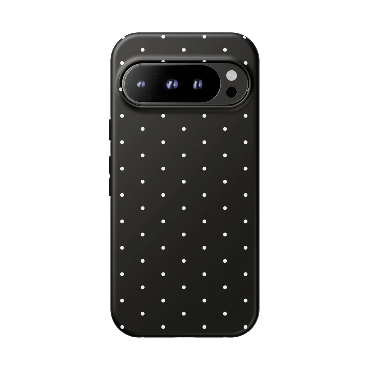 Back side of an elegant black tough phone case with white polka dots minimalist stylish protective cover