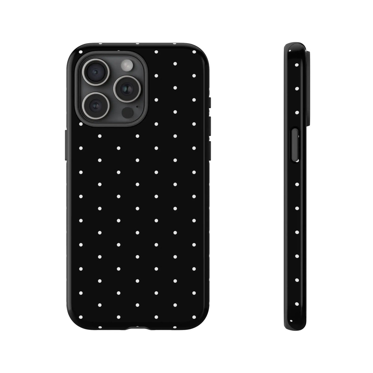 Back side of elegant black tough phone case with white dots minimalist design stylish protective cover gift for her