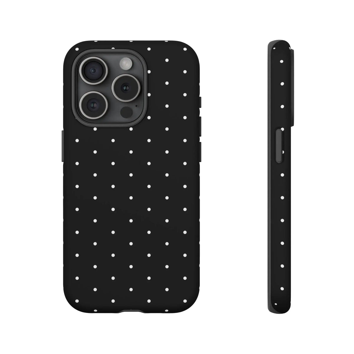 Elegant black tough phone case with white polka dots showing back side minimalist protective cover