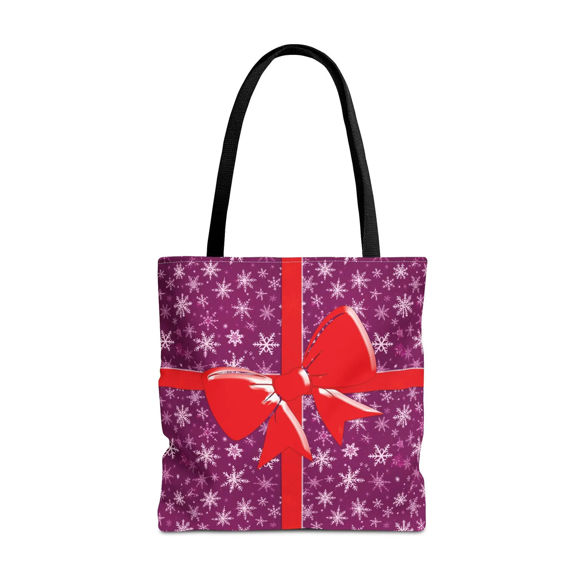 Purple tote bag with black handles featuring festive white snowflakes and red ribbon bow christmas tote bag