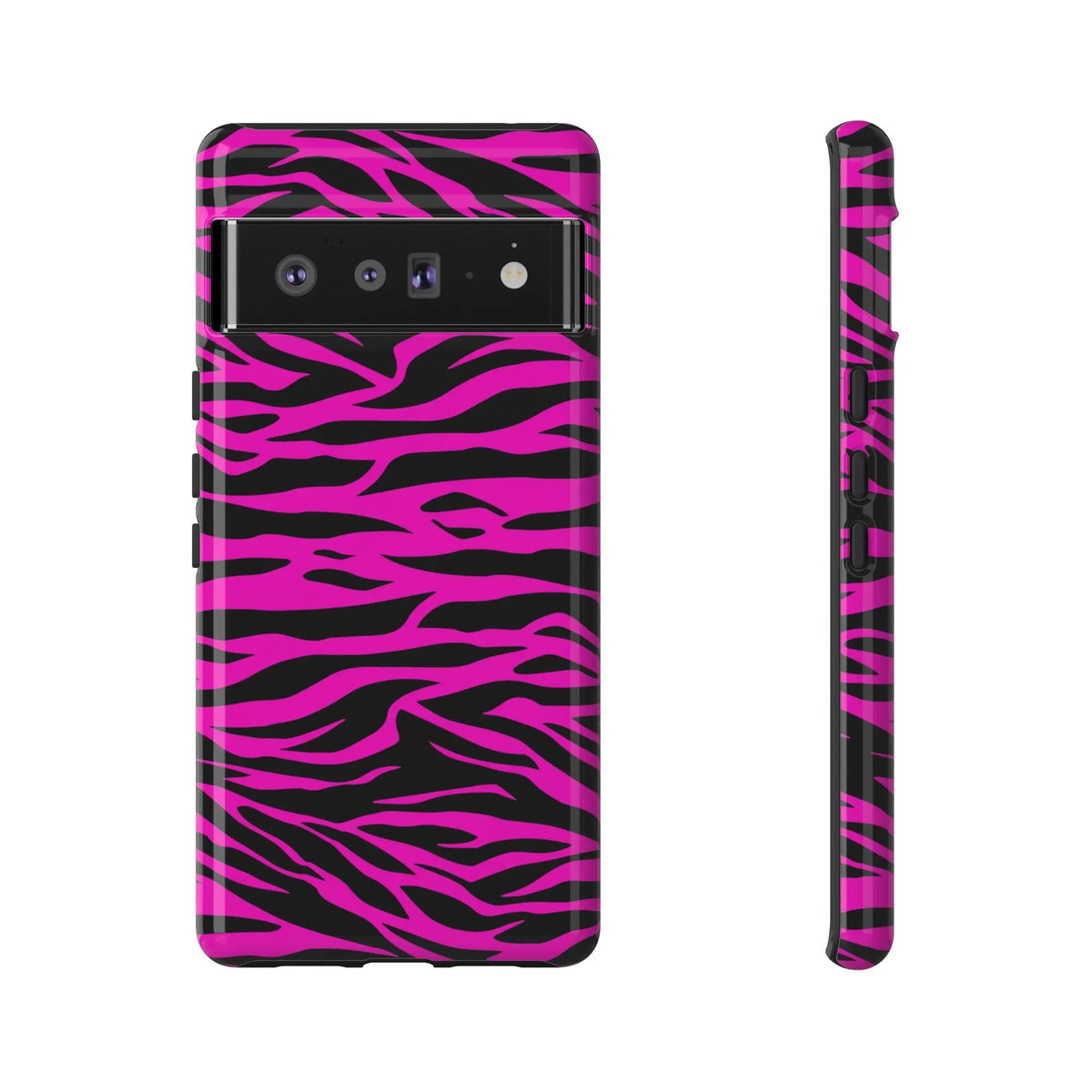 Vibrant pink and black zebra-print tough phone case with glossy finish showing the back side of the phone case