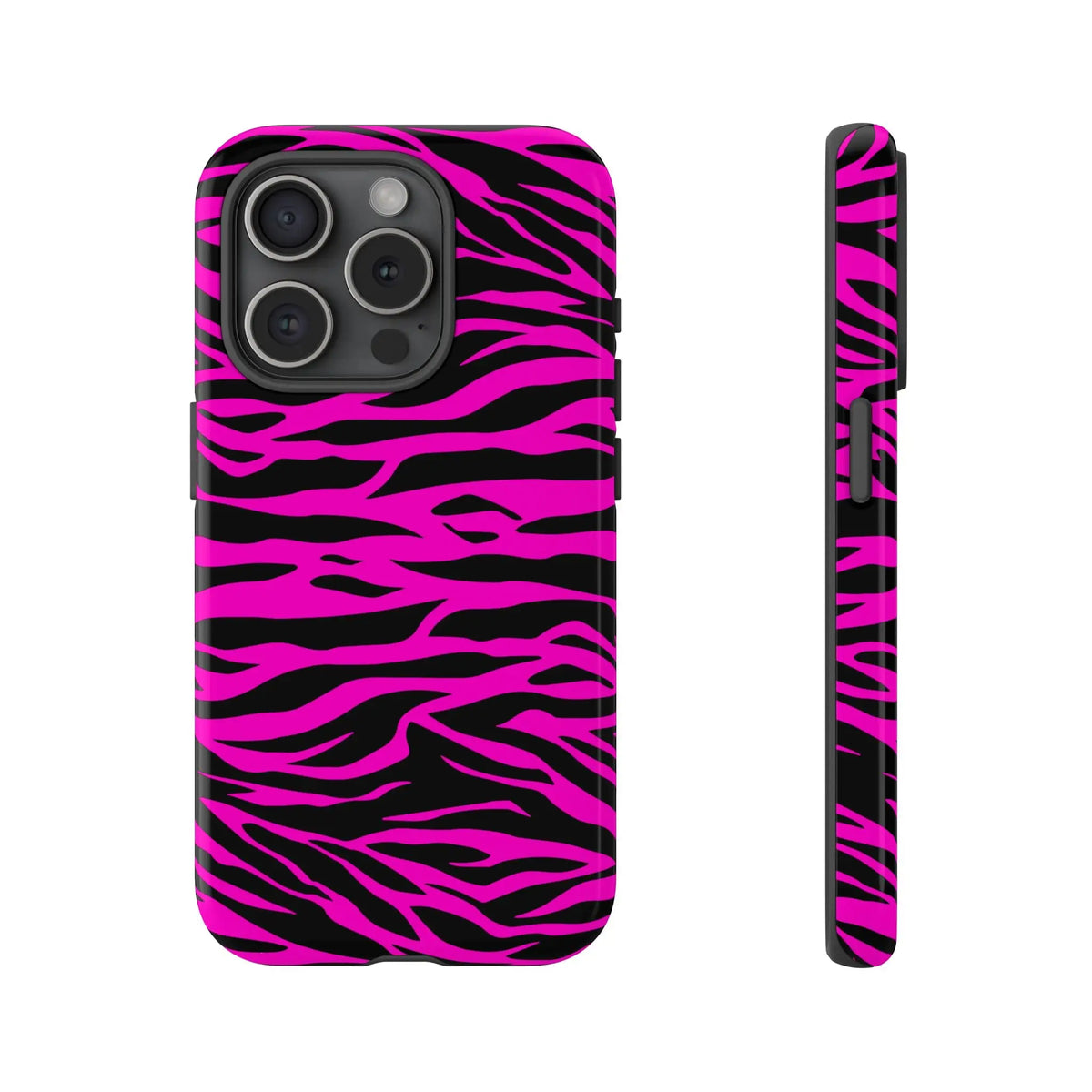 Vibrant pink and black zebra-striped tough phone case with a sleek protective design shown from the back side