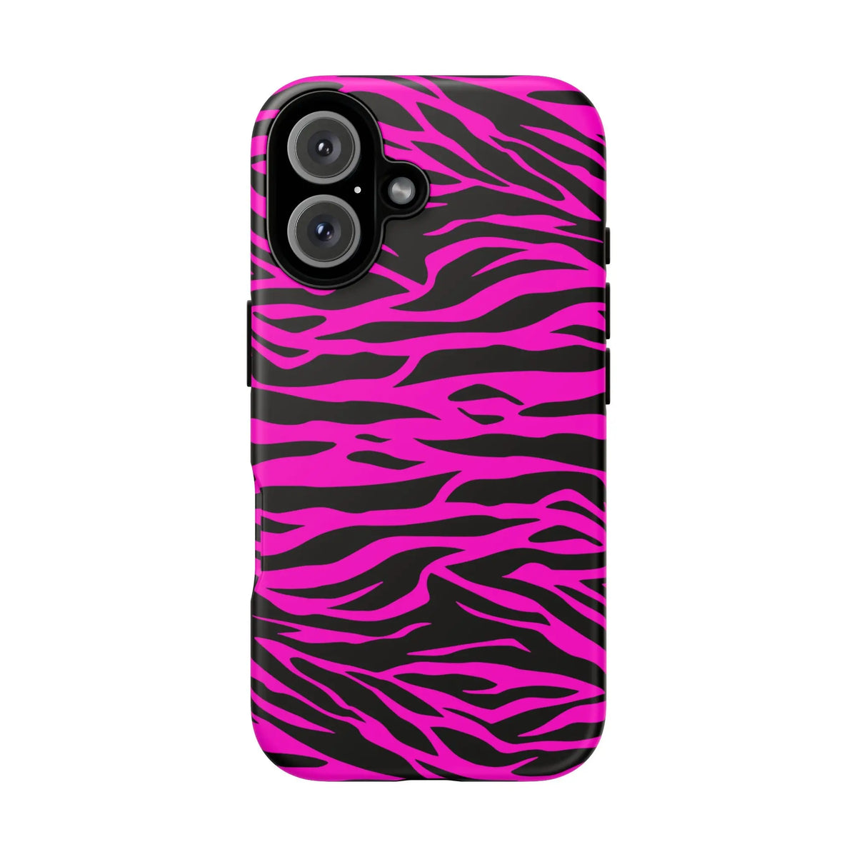 Back of a vibrant pink and black zebra-striped glossy tough phone case for durable phone protection