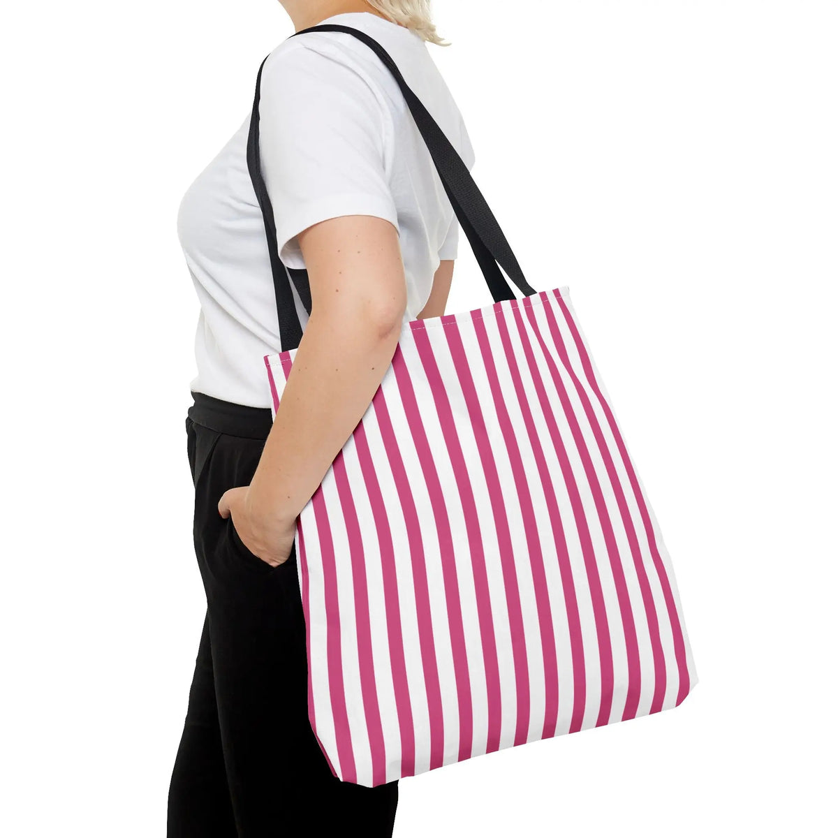Pink Vertical Stripes Tote Bag | White or Black Handle All-Over Print - Bags