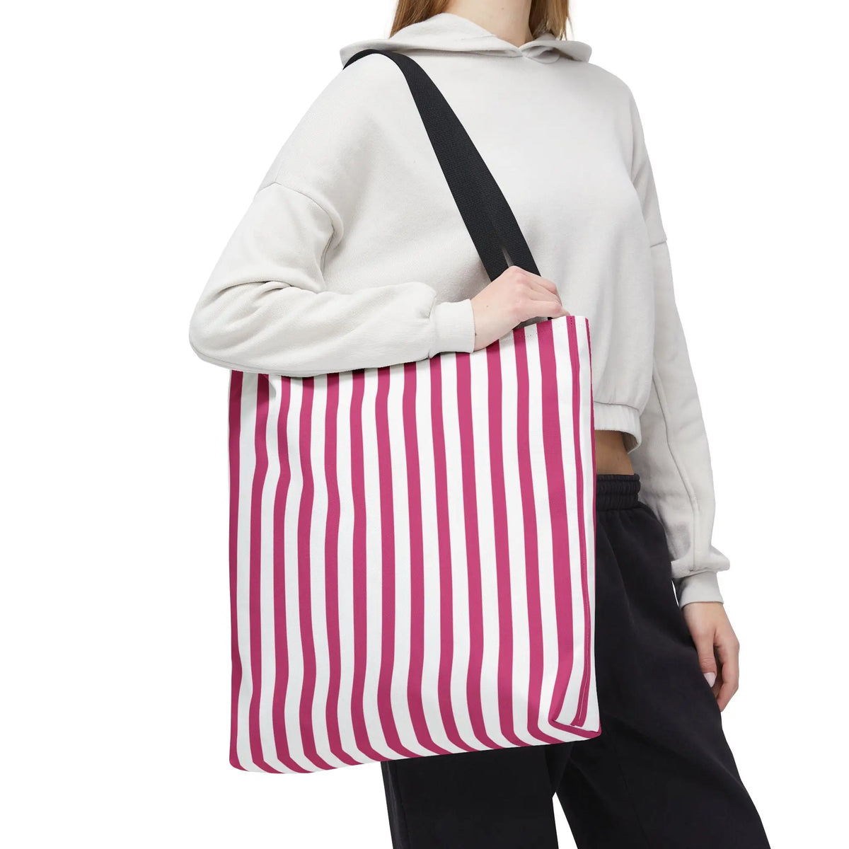 Pink Vertical Stripes Tote Bag | White or Black Handle All-Over Print - Bags