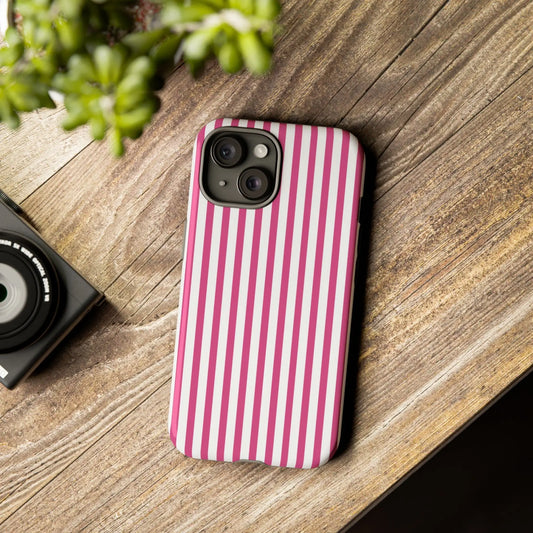 Pink & White Cute Striped Durable Phone Case Cover - iPhone 15 / Glossy - Phone Case