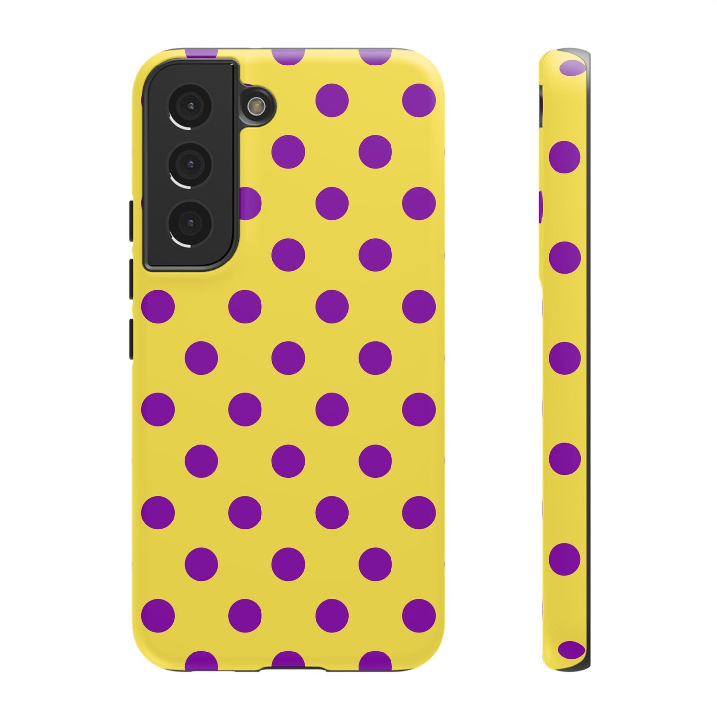 Polka Dot Phone Case - Bright Yellow with Purple Dots Samsung S24 S23 Pixel 9 8 7 Phones - Samsung Galaxy S22 / Matte