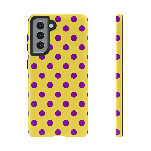 Polka Dot Phone Case - Bright Yellow with Purple Dots Samsung S24 S23 Pixel 9 8 7 Phones - Samsung Galaxy S21 / Glossy