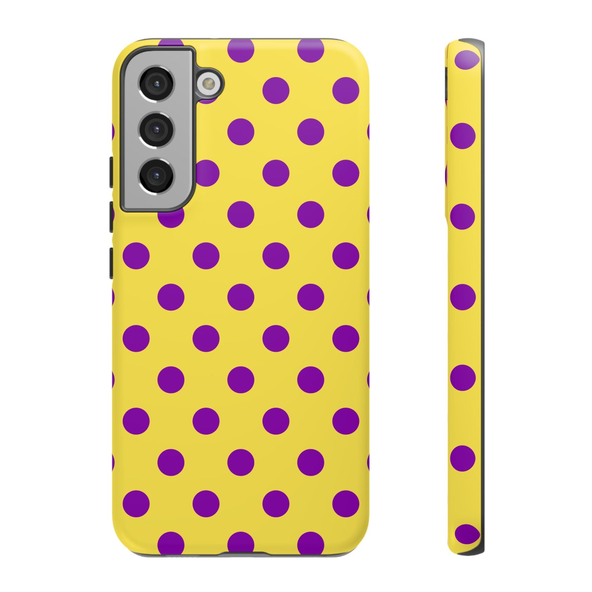 Polka Dot Phone Case - Bright Yellow with Purple Dots Samsung S24 S23 Pixel 9 8 7 Phones - Samsung Galaxy S22 Plus