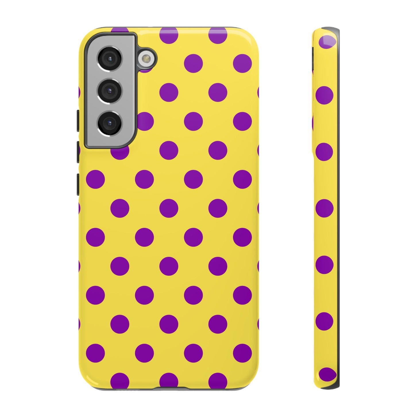 Polka Dot Phone Case - Bright Yellow with Purple Dots Samsung S24 S23 Pixel 9 8 7 Phones - Samsung Galaxy S22 Plus