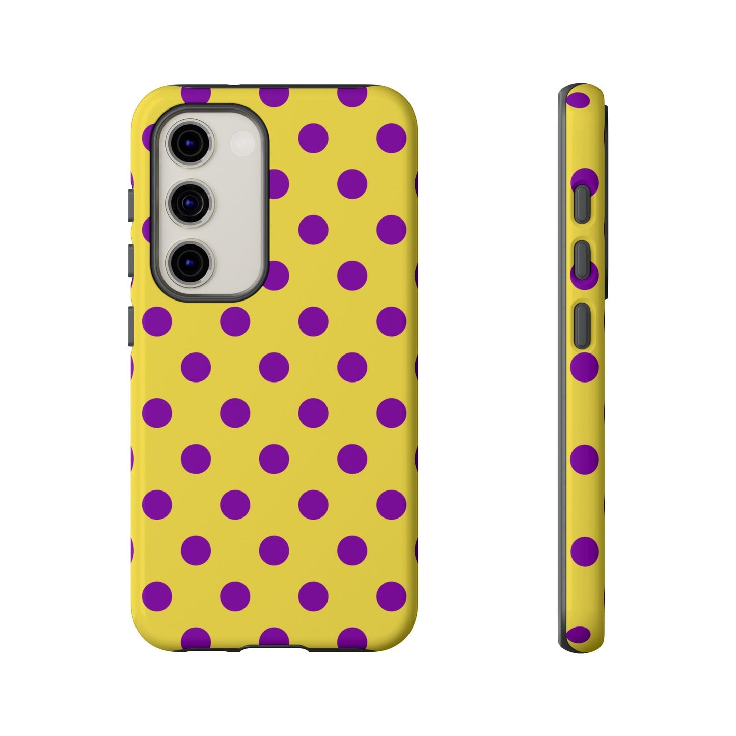 Polka Dot Phone Case - Bright Yellow with Purple Dots Samsung S24 S23 Pixel 9 8 7 Phones - Samsung Galaxy S23 / Glossy