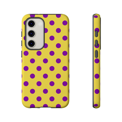 Polka Dot Phone Case - Bright Yellow with Purple Dots Samsung S24 S23 Pixel 9 8 7 Phones - Samsung Galaxy S23 / Glossy