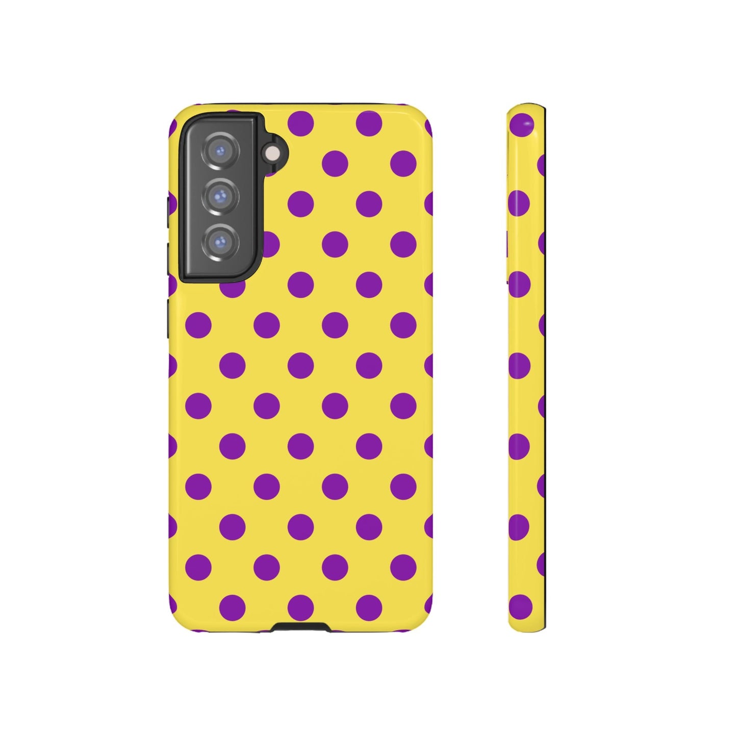 Polka Dot Phone Case - Bright Yellow with Purple Dots Samsung S24 S23 Pixel 9 8 7 Phones - Samsung Galaxy S21 FE