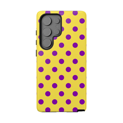 Polka Dot Phone Case - Bright Yellow with Purple Dots Samsung S24 S23 Pixel 9 8 7 Phones - Samsung Galaxy S25 Ultra