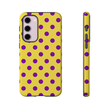 Polka Dot Phone Case - Bright Yellow with Purple Dots Samsung S24 S23 Pixel 9 8 7 Phones - Samsung Galaxy S23 Plus