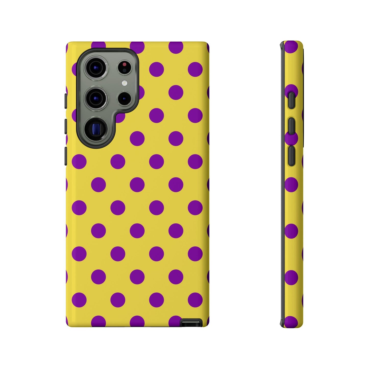 Polka Dot Phone Case - Bright Yellow with Purple Dots Samsung S24 S23 Pixel 9 8 7 Phones - Samsung Galaxy S23 Ultra