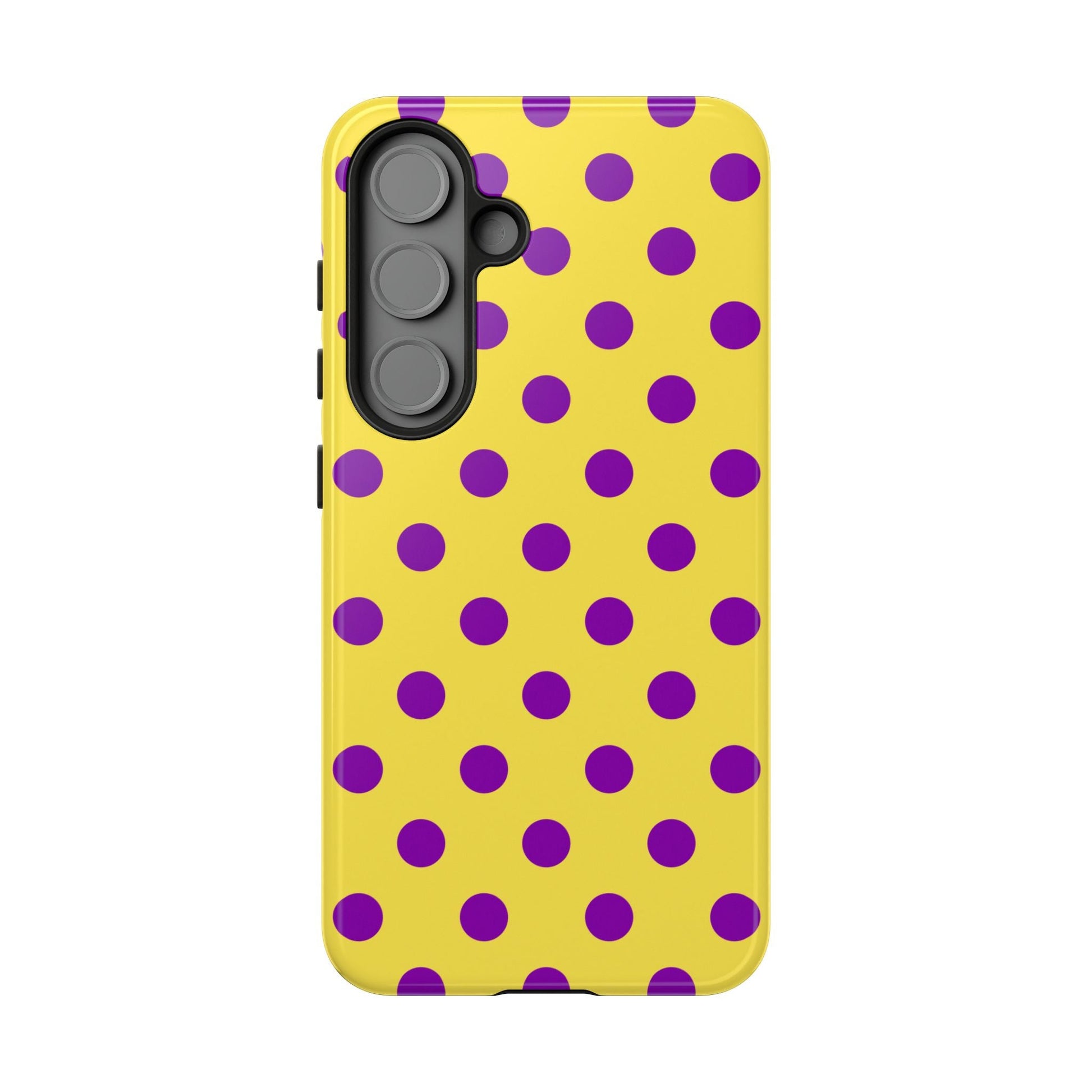 Polka Dot Phone Case - Bright Yellow with Purple Dots Samsung S24 S23 Pixel 9 8 7 Phones - Samsung Galaxy S25 / Glossy