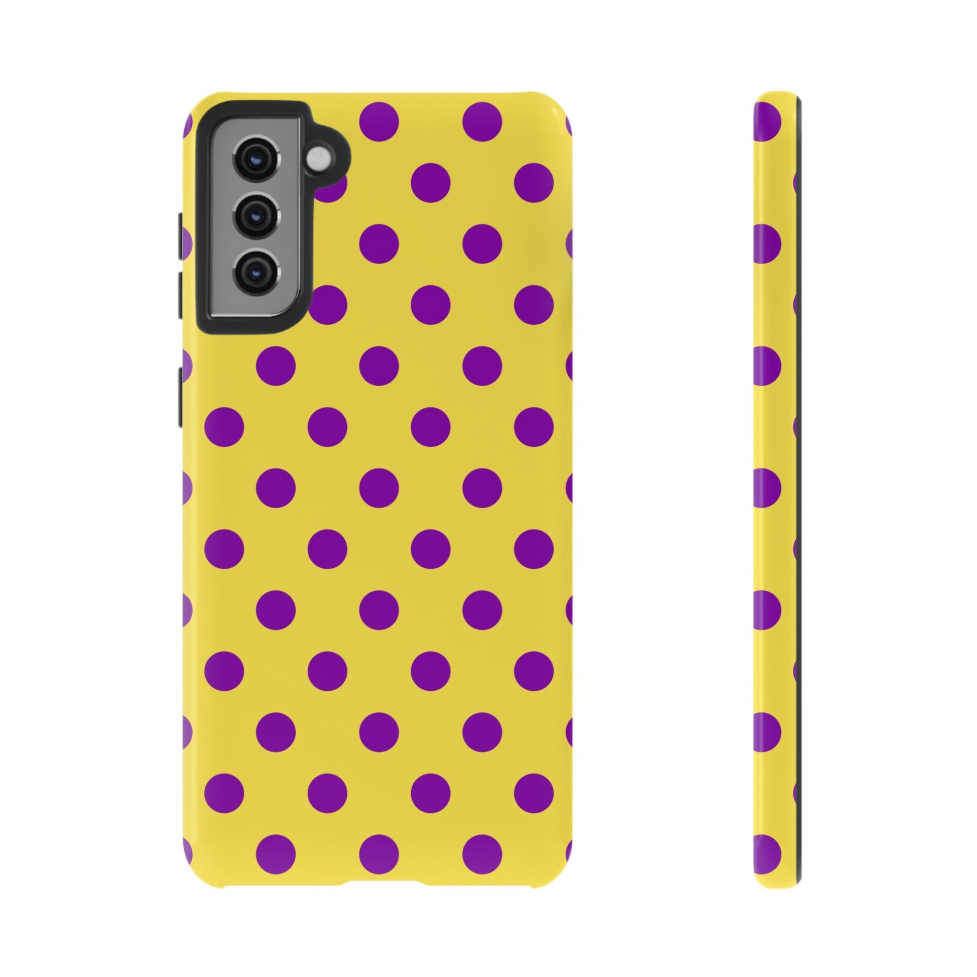 Polka Dot Phone Case - Bright Yellow with Purple Dots Samsung S24 S23 Pixel 9 8 7 Phones - Samsung Galaxy S21 Plus