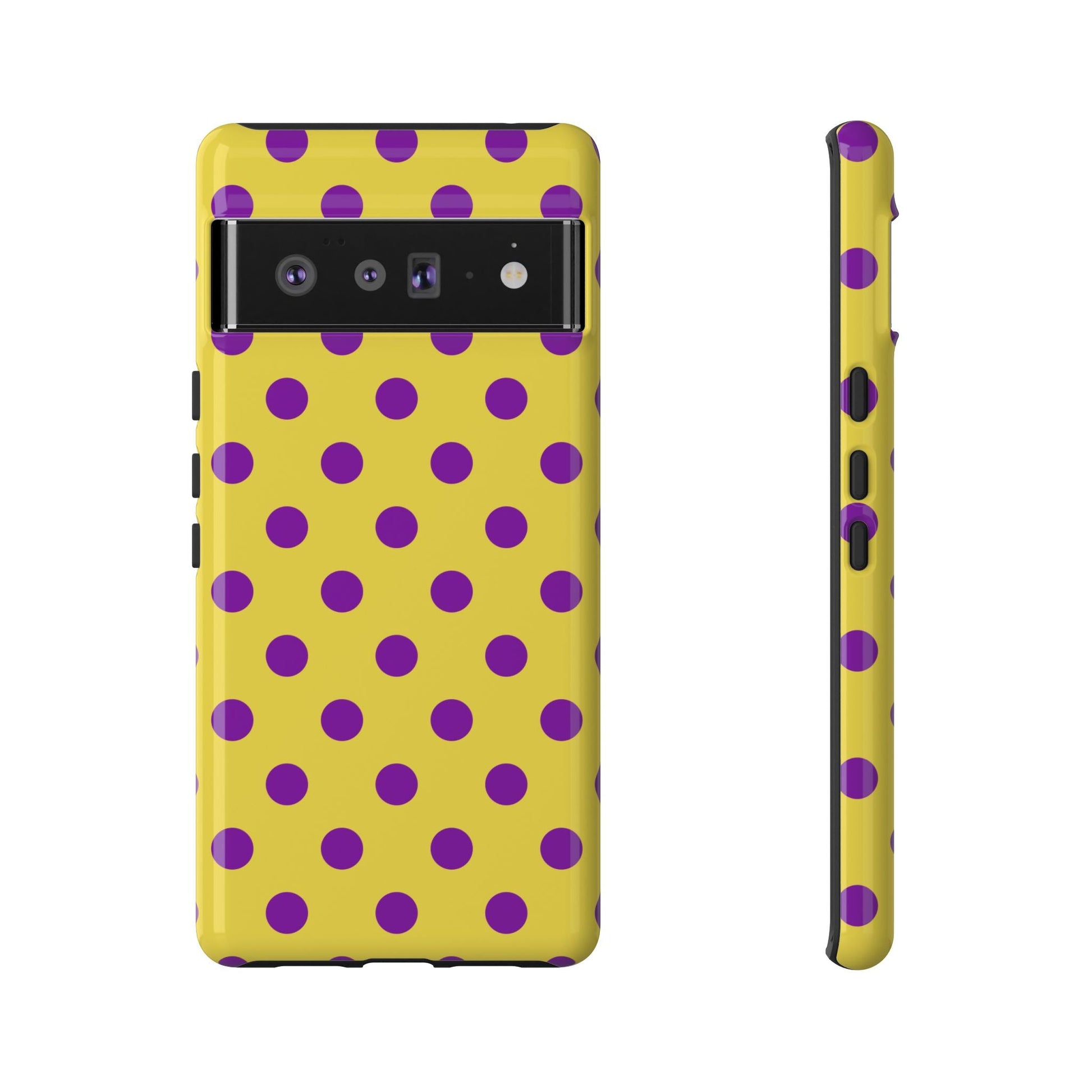 Polka Dot Phone Case - Bright Yellow with Purple Dots Samsung S24 S23 Pixel 9 8 7 Phones - Google Pixel 6 Pro / Glossy