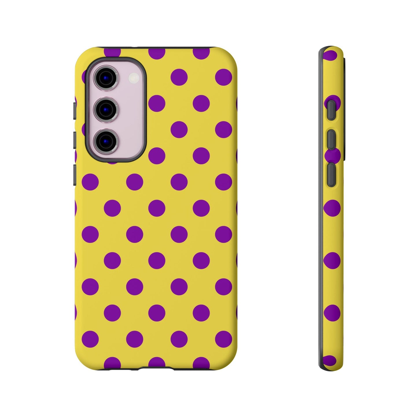 Polka Dot Phone Case - Bright Yellow with Purple Dots Samsung S24 S23 Pixel 9 8 7 Phones - Samsung Galaxy S23 Plus