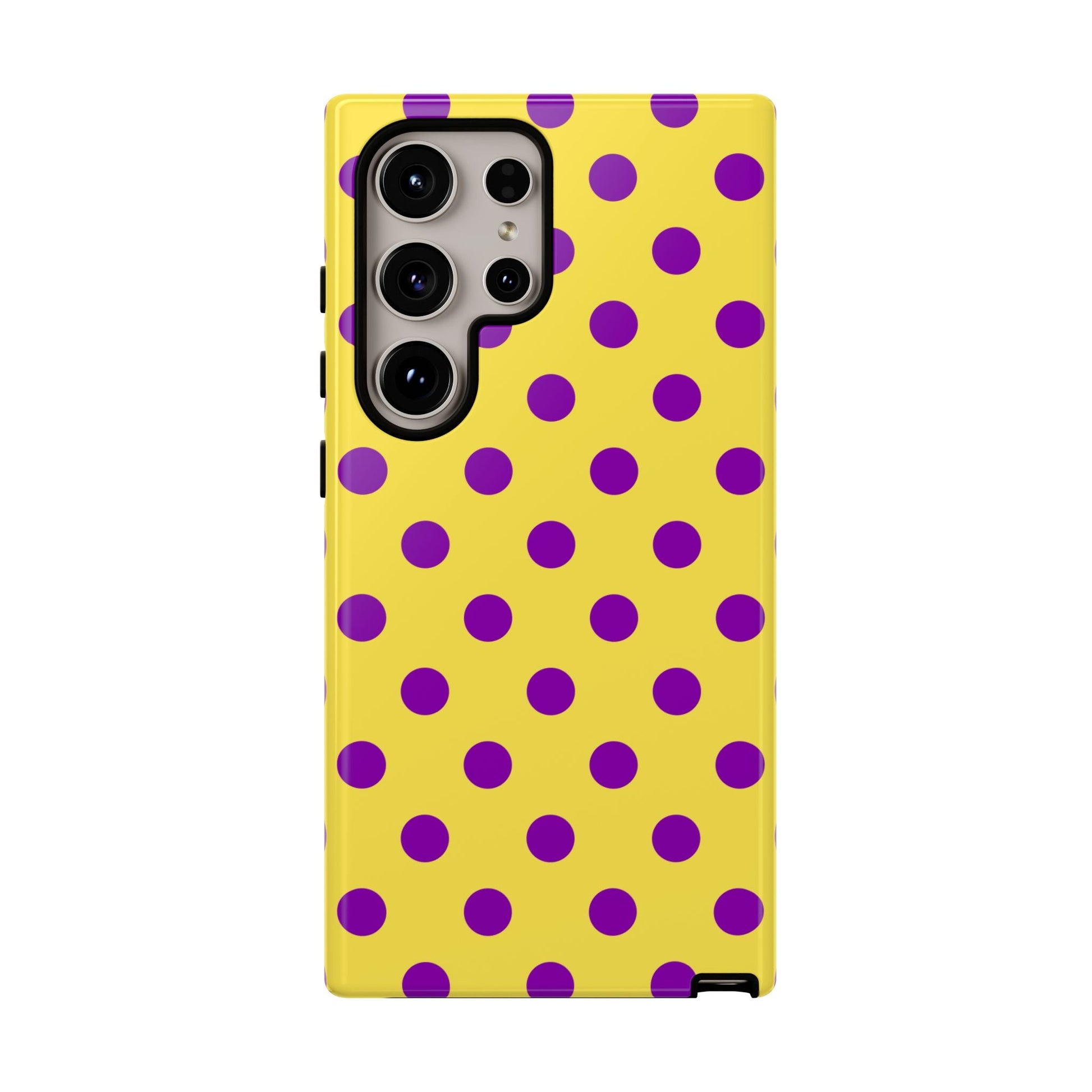 Polka Dot Phone Case - Bright Yellow with Purple Dots Samsung S24 S23 Pixel 9 8 7 Phones - Samsung Galaxy S24 Ultra