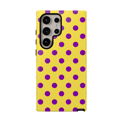 Polka Dot Phone Case - Bright Yellow with Purple Dots Samsung S24 S23 Pixel 9 8 7 Phones - Samsung Galaxy S24 Ultra