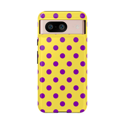 Polka Dot Phone Case - Bright Yellow with Purple Dots Samsung S24 S23 Pixel 9 8 7 Phones - Google Pixel 8 / Glossy