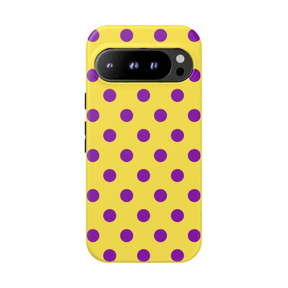 Polka Dot Phone Case - Bright Yellow with Purple Dots Samsung S24 S23 Pixel 9 8 7 Phones - Google Pixel 9 Pro / Matte