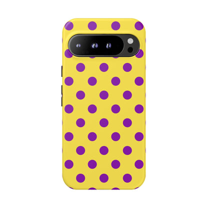 Polka Dot Phone Case - Bright Yellow with Purple Dots Samsung S24 S23 Pixel 9 8 7 Phones - Google Pixel 9 Pro XL