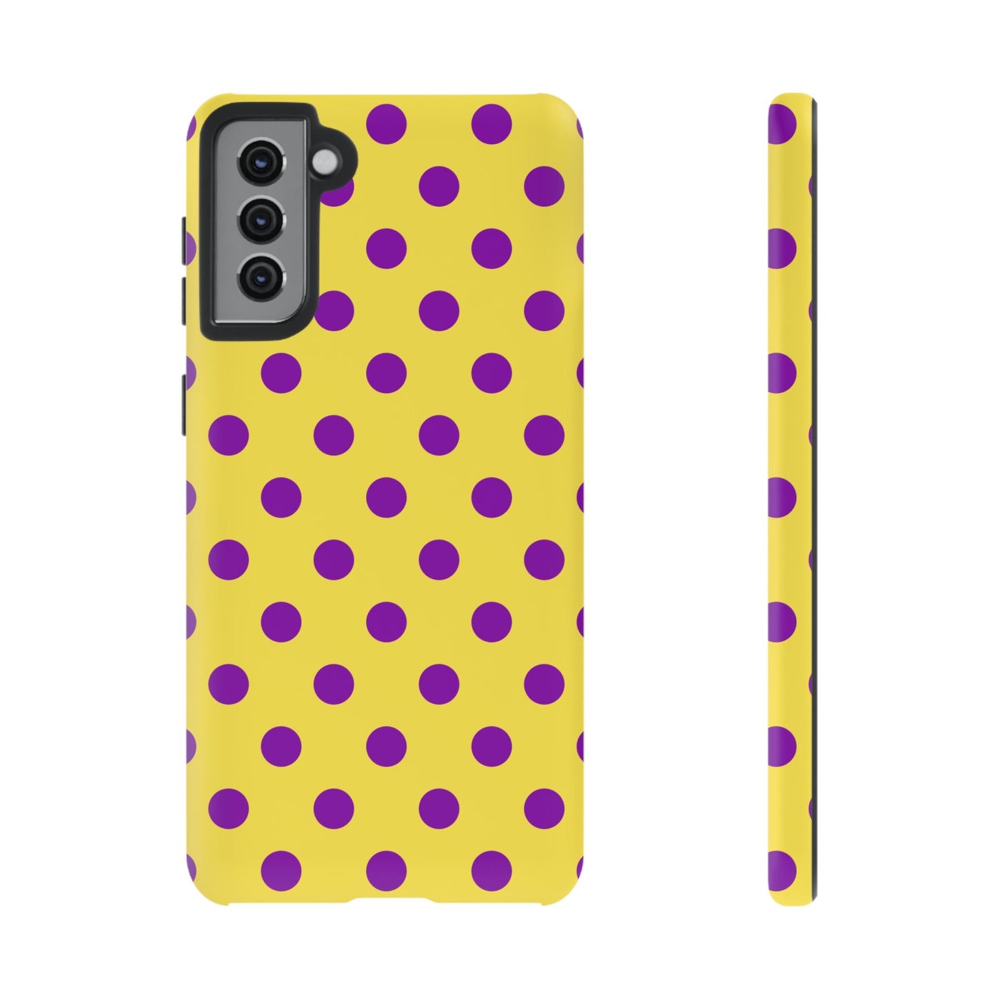 Polka Dot Phone Case - Bright Yellow with Purple Dots Samsung S24 S23 Pixel 9 8 7 Phones - Samsung Galaxy S21 Plus