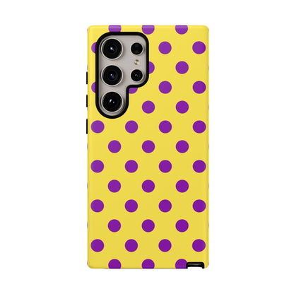 Polka Dot Phone Case - Bright Yellow with Purple Dots Samsung S24 S23 Pixel 9 8 7 Phones - Samsung Galaxy S24 Ultra