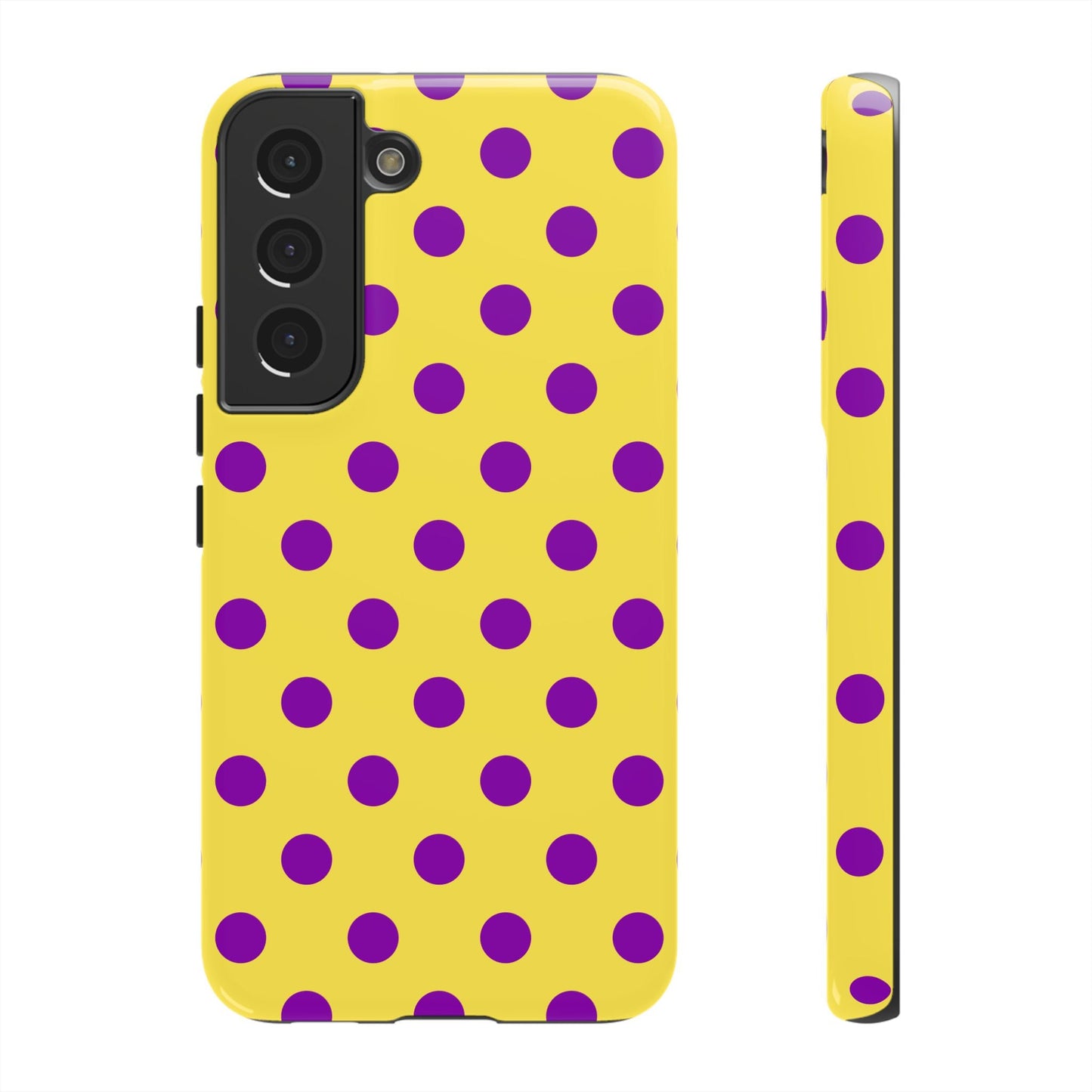 Polka Dot Phone Case - Bright Yellow with Purple Dots Samsung S24 S23 Pixel 9 8 7 Phones - Samsung Galaxy S22 / Glossy