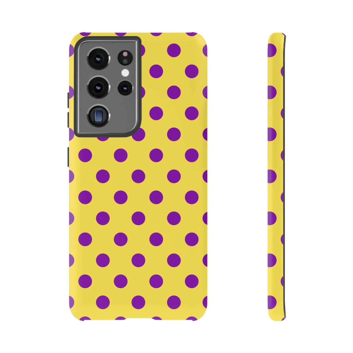 Polka Dot Phone Case - Bright Yellow with Purple Dots Samsung S24 S23 Pixel 9 8 7 Phones - Samsung Galaxy S21 Ultra