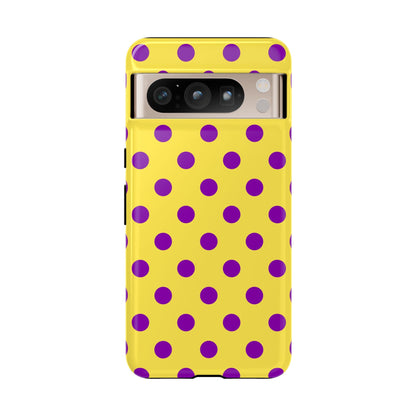 Polka Dot Phone Case - Bright Yellow with Purple Dots Samsung S24 S23 Pixel 9 8 7 Phones - Google Pixel 8 Pro / Glossy