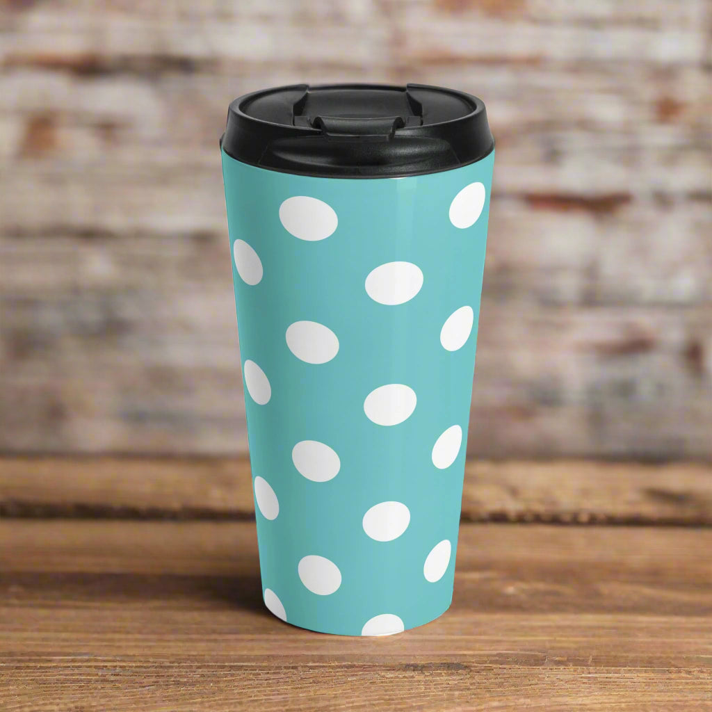 Polka Dot Stainless Steel Travel Mug Blue White Insulated Tumbler - 15oz - Mug