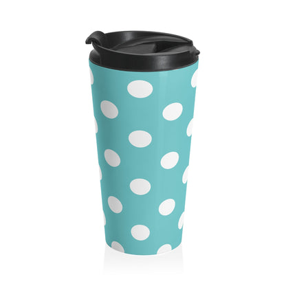 Polka Dot Stainless Steel Travel Mug Blue White Insulated Tumbler - 15oz - Mug