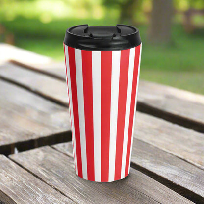 Retro Striped Travel Mug Vintage Red White Stainless Steel Tumbler Cup, - 15oz - Mug