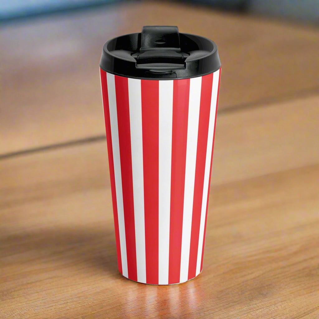 Retro Striped Travel Mug Vintage Red White Stainless Steel Tumbler Cup, - 15oz - Mug