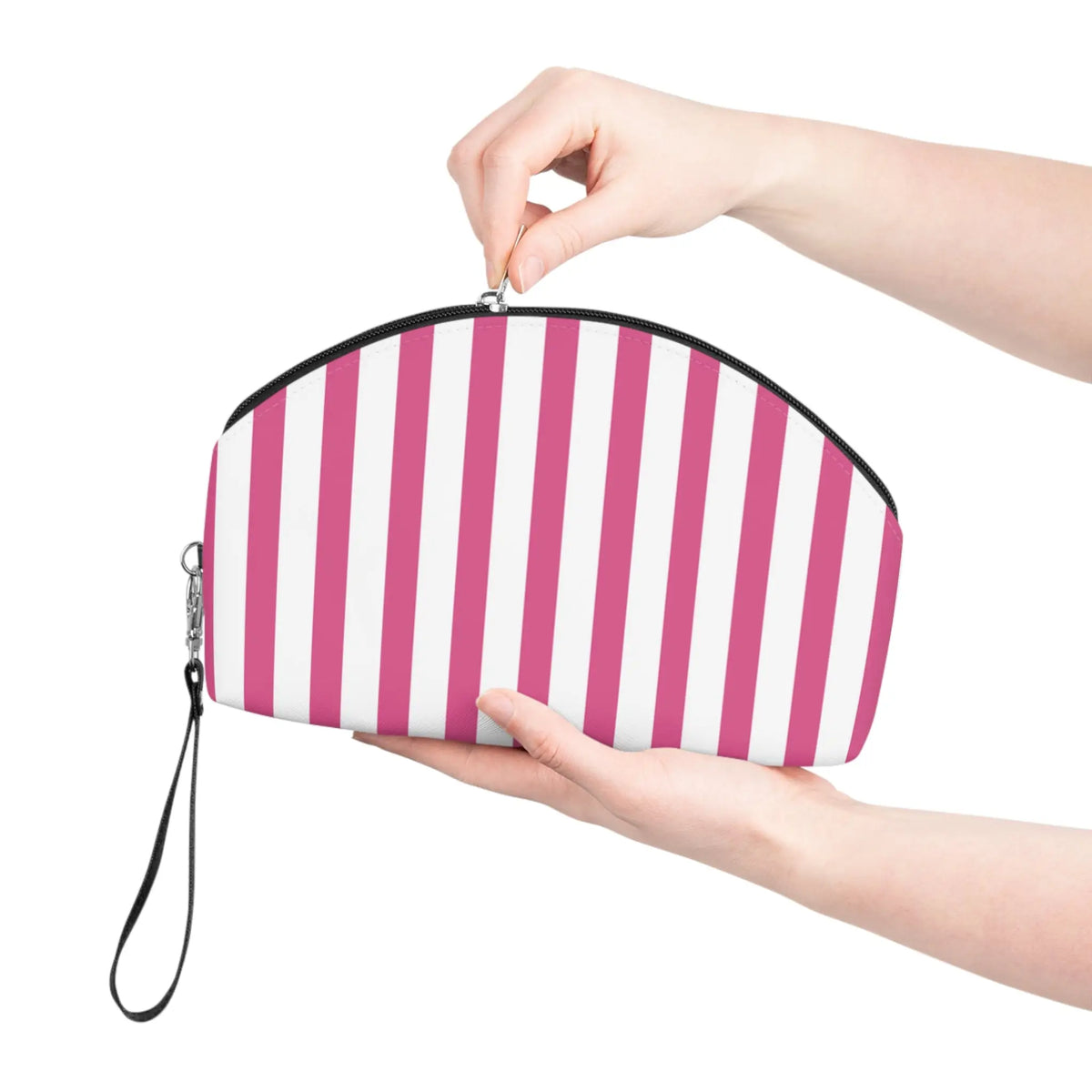 Striped Pink Makeup Bag — Cosmetic Pouch with Wrist Strap - 6.3’’ × 9.4’’ × 3.3’’ - Makeup Bags
